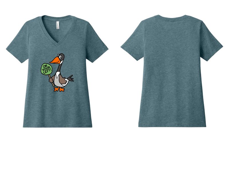ON YOUR LEFT GOOSE logo: Bella+Canvas Women’s Relaxed Jersey Short Sleeve V-Neck Tee- Heather Slate, Heather True Royal ON YOUR LEFT GOOSE logo: Bella+Canvas Women’s Relaxed Jersey Short Sleeve V-Neck Tee- Heather Slate, Heather True Royal