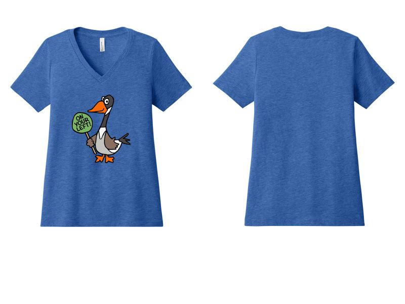 ON YOUR LEFT GOOSE logo: Bella+Canvas Women’s Relaxed Jersey Short Sleeve V-Neck Tee- Heather Slate, Heather True Royal
