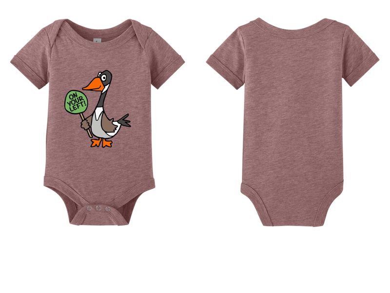 ON YOUR LEFT GOOSE logo: Bella+Canvas Infant Jersey Short Sleeve One Piece- Heather Mauve, Heather Columbia Blue