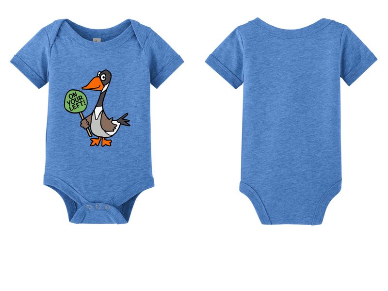 ON YOUR LEFT GOOSE logo: Bella+Canvas Infant Jersey Short Sleeve One Piece- Heather Mauve, Heather Columbia Blue ON YOUR LEFT GOOSE logo: Bella+Canvas Infant Jersey Short Sleeve One Piece- Heather Mauve, Heather Columbia Blue