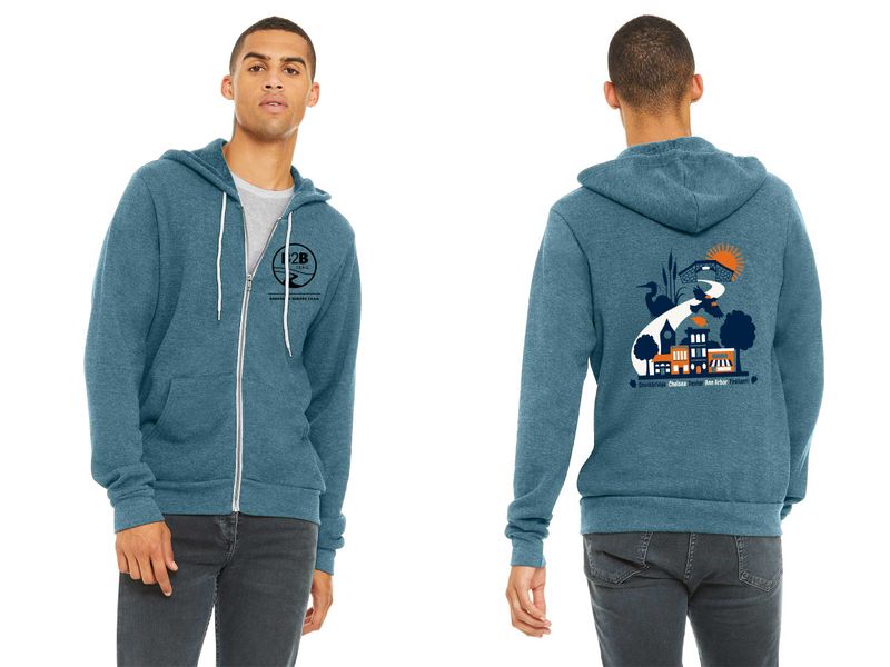 B2B 5 CITIES logo: Unisex Sponge Fleece Full Zip Hoodie- Heather Deep Teal, Heather Forest, Athletic Heather