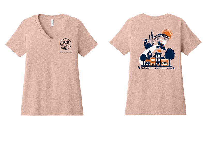 B2B 5 CITIES logo: Bella+Canvas Women’s Relaxed Jersey Short Sleeve V-Neck Tee- Athletic Heather, Heather Slate, Heather Peach