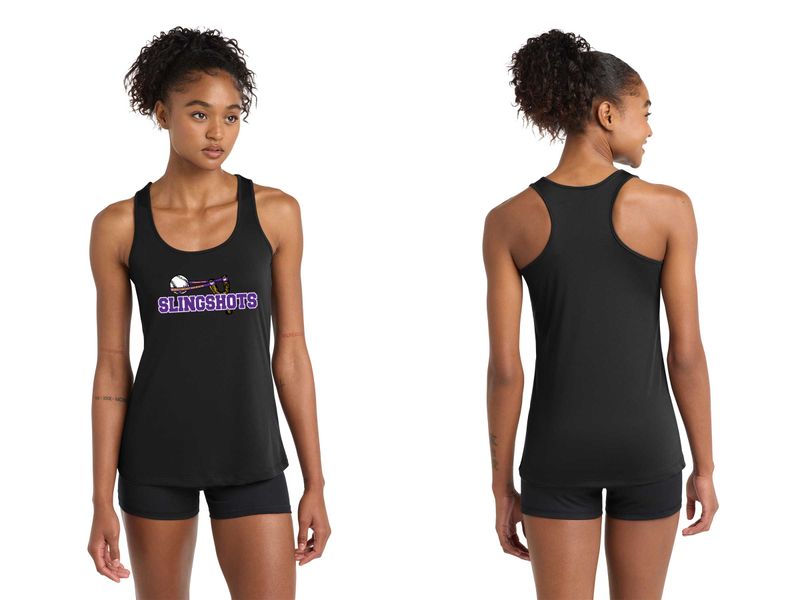 Ladies Performance Racer Back Tank-Black, White, Purple
