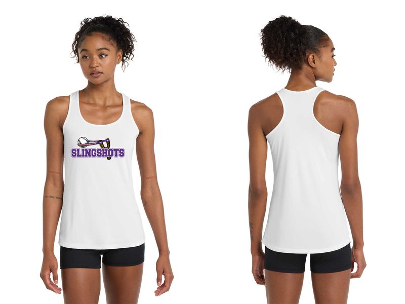 Ladies Performance Racer Back Tank-Black, White, Purple