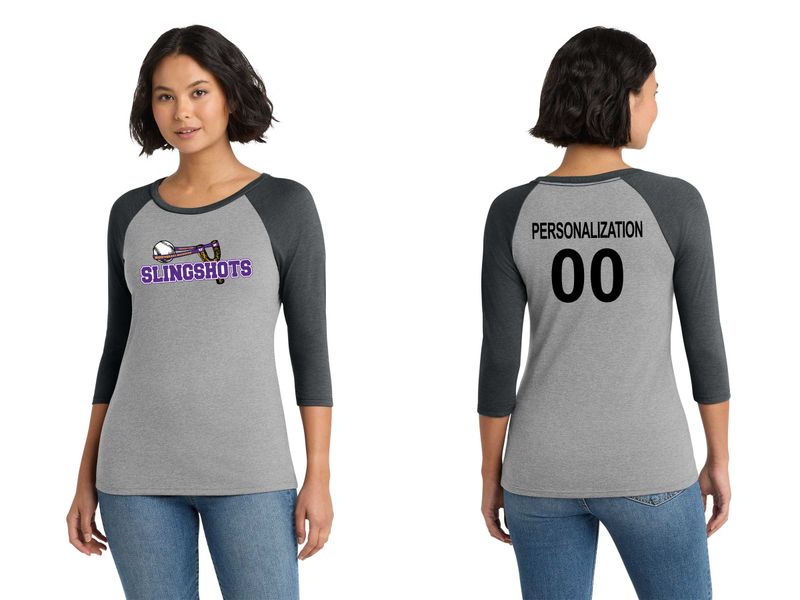 Women’s District Tri 3/4-Sleeve Raglan- Purple/Grey, Black Frost/Grey Frost, Black/White, Grey/White