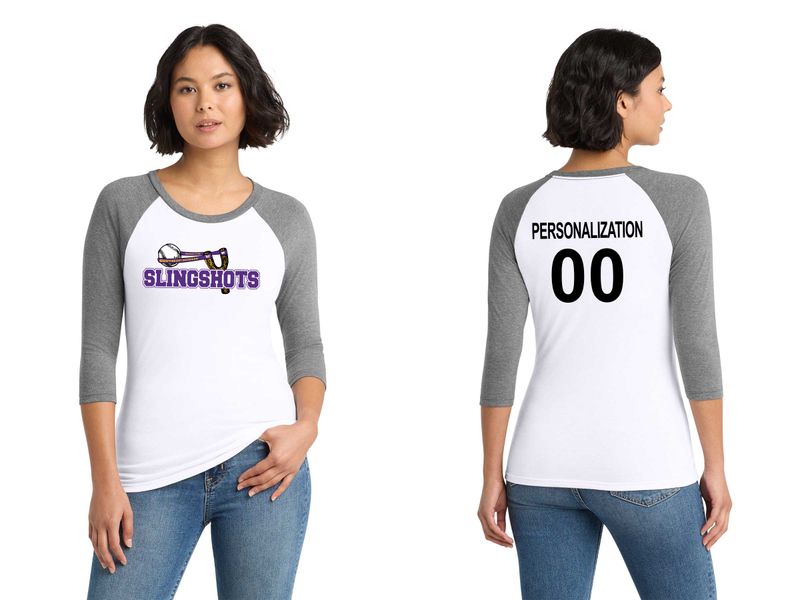 Women’s District Tri 3/4-Sleeve Raglan- Purple/Grey, Black Frost/Grey Frost, Black/White, Grey/White