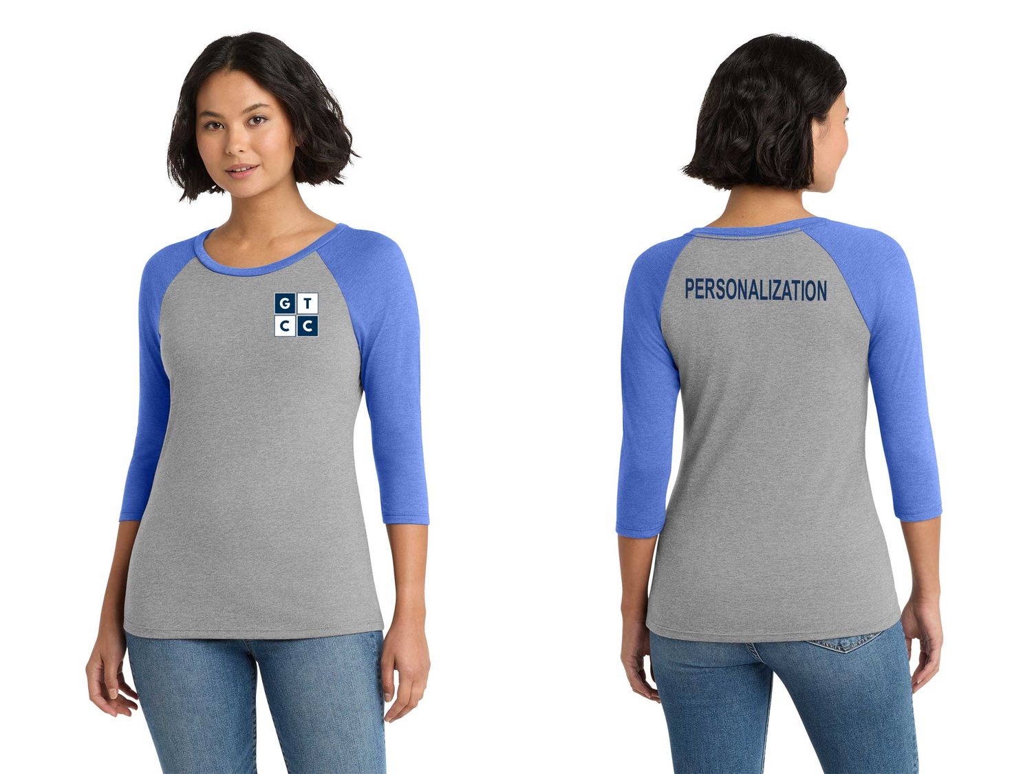 Women’s District Tri 3/4-Sleeve Raglan- Royal/Grey, Grey/White