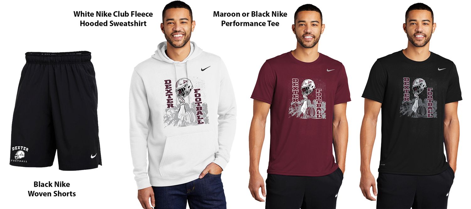 NIKE PLAYER PACK - Includes Nike Cotton Hood in White with Last Name (No youth sizes), Nike Shorts (No youth sizes), and Performance T-shirt in Black or Maroon (Youth Sizes Available)