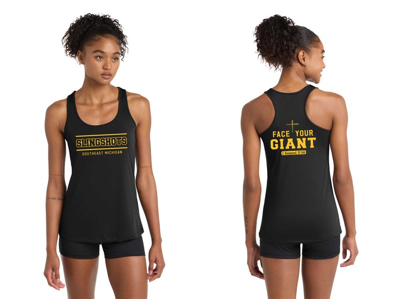 TEXT logo- Ladies Performance Racer Back Tank-Black, White, Purple