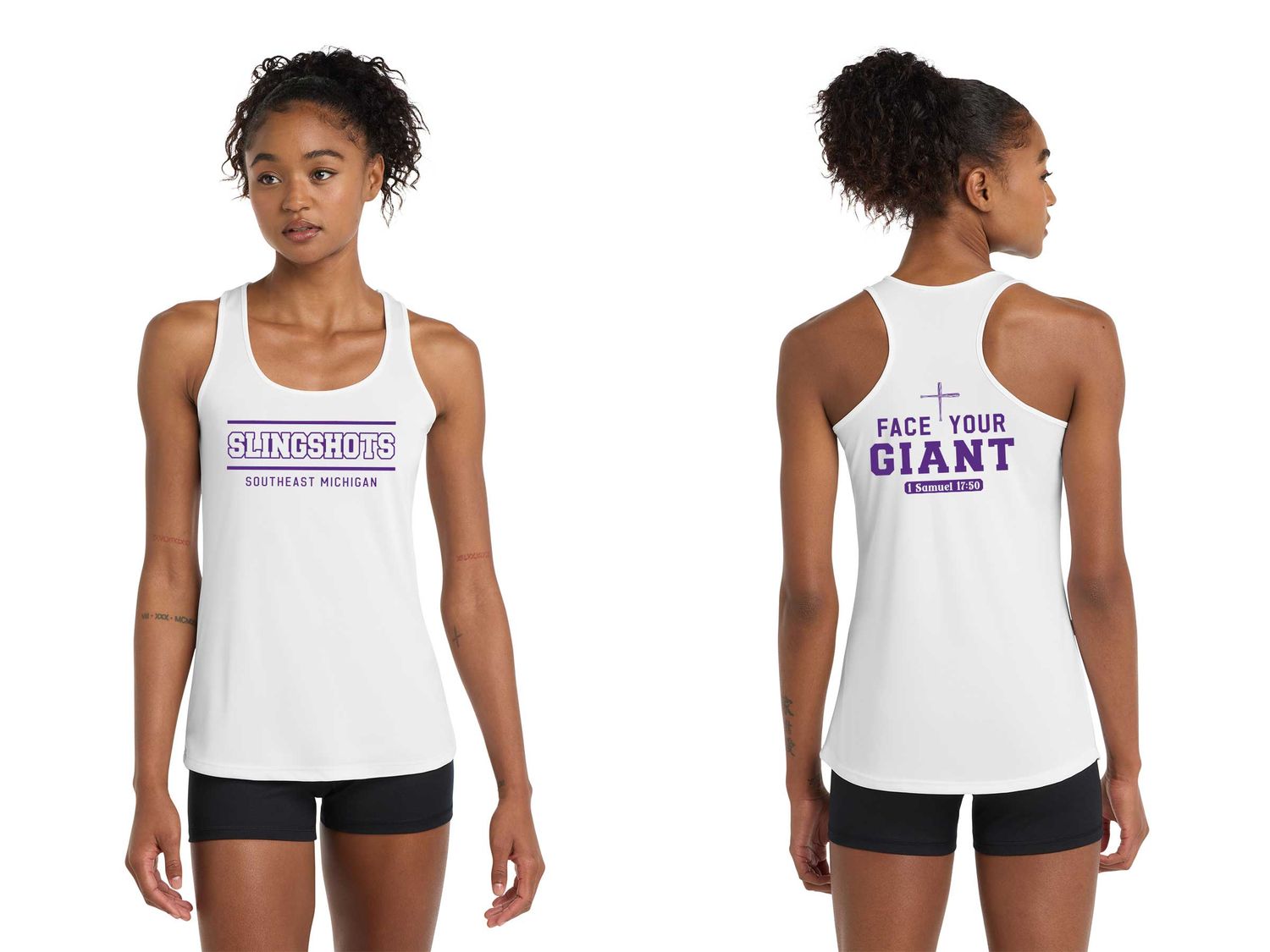 TEXT logo- Ladies Performance Racer Back Tank-Black, White, Purple