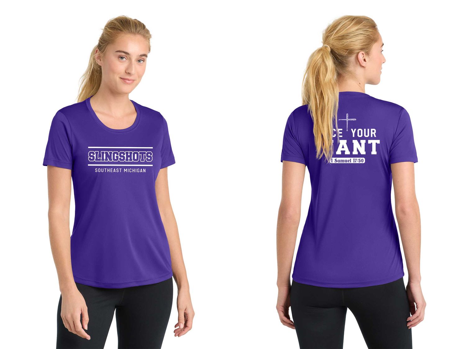 TEXT logo- Ladies Performance Tee-Black, White, Grey Concrete, Purple