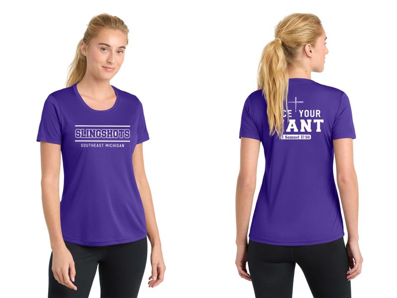 TEXT logo- Ladies Performance Tee-Black, White, Grey Concrete, Purple