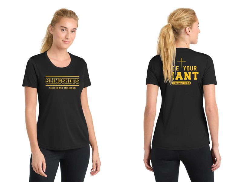 TEXT logo- Ladies Performance Tee-Black, White, Grey Concrete, Purple