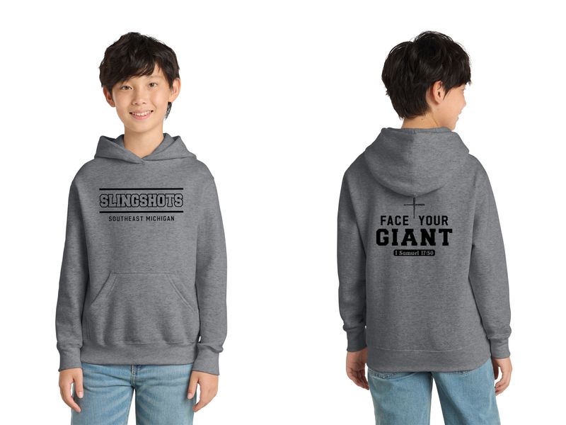 TEXT logo- Port & Co Youth Core Fleece Pullover Hooded Sweatshirt- Athletic Heather, Black, Purple, White