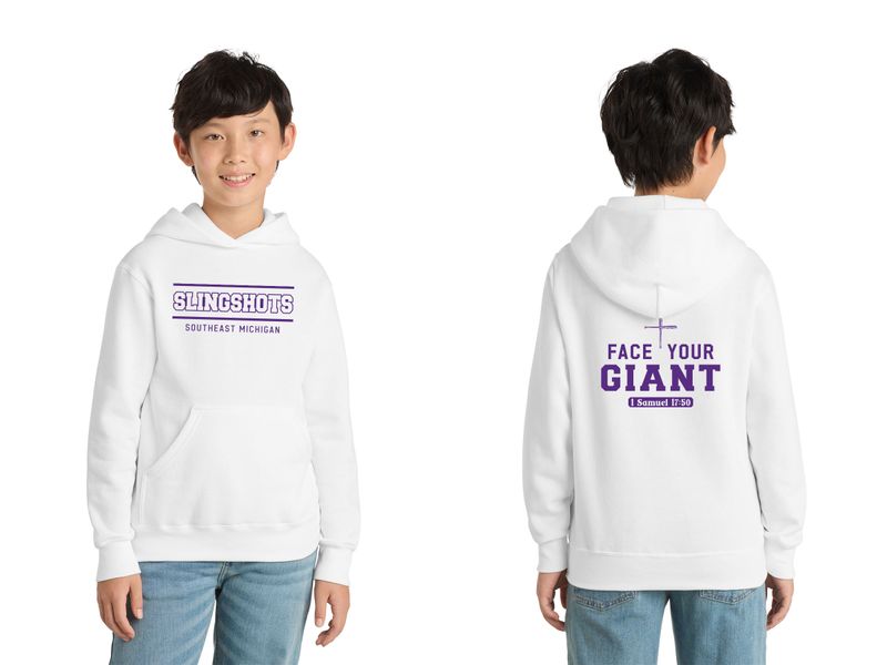 TEXT logo- Port & Co Youth Core Fleece Pullover Hooded Sweatshirt- Athletic Heather, Black, Purple, White