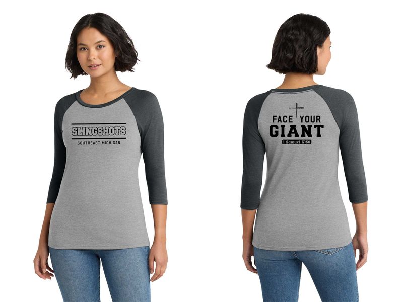 TEXT logo- Women’s District Tri 3/4-Sleeve Raglan- Purple/Grey, Black Frost/Grey Frost, Black/White, Grey/White