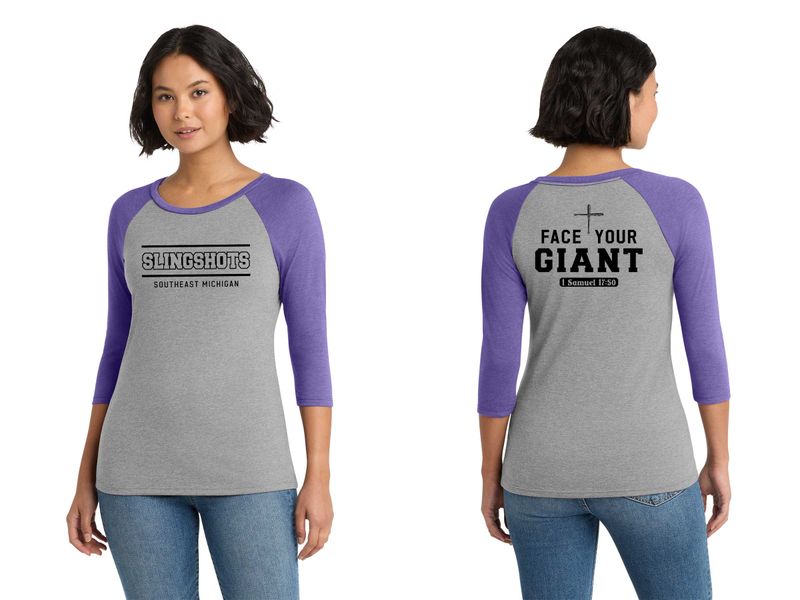 TEXT logo- Women’s District Tri 3/4-Sleeve Raglan- Purple/Grey, Black Frost/Grey Frost, Black/White, Grey/White