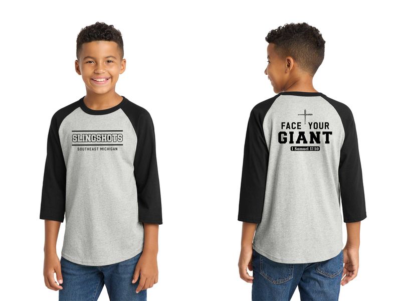 TEXT logo- Youth Baseball Tee-Heather Grey/Black, White/Black, White/Grey, White/Purple