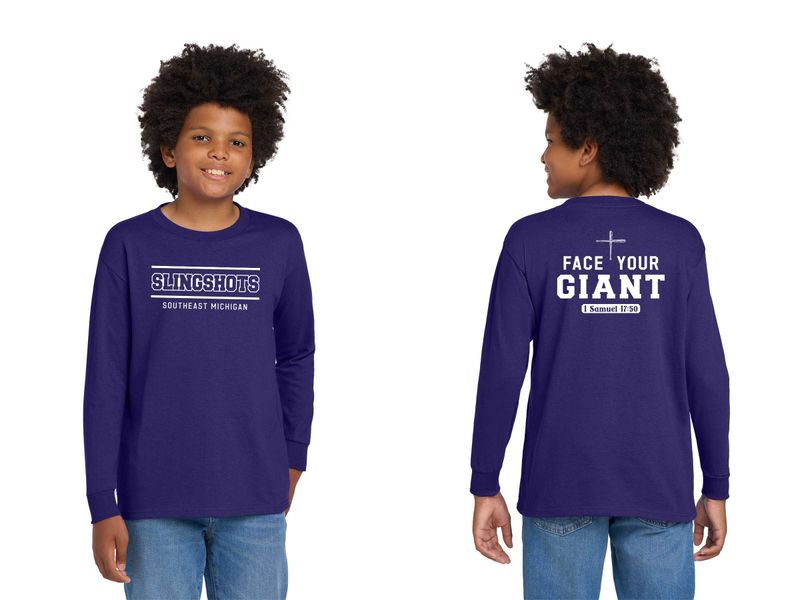 TEXT logo- Youth Cotton Long Sleeve T-Shirt- Black, White, Sport Grey, Purple