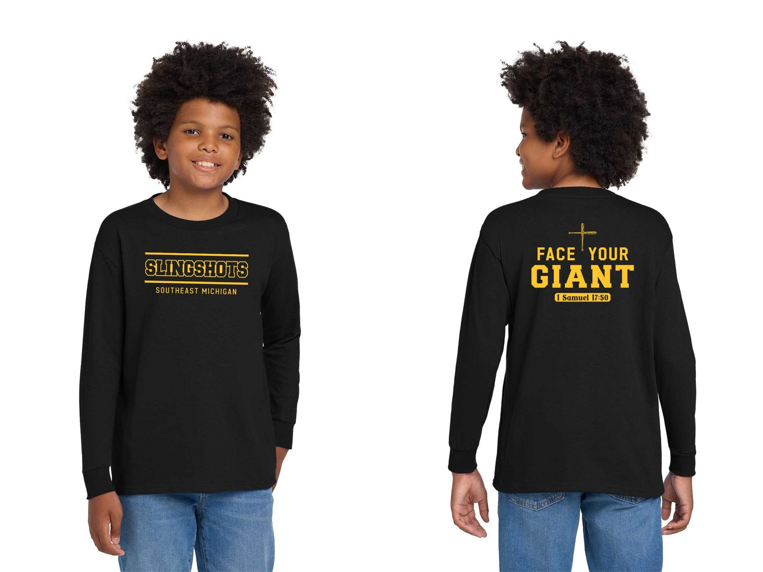 TEXT logo- Youth Cotton Long Sleeve T-Shirt- Black, White, Sport Grey, Purple TEXT logo- Youth Cotton Long Sleeve T-Shirt- Black, White, Sport Grey, Purple