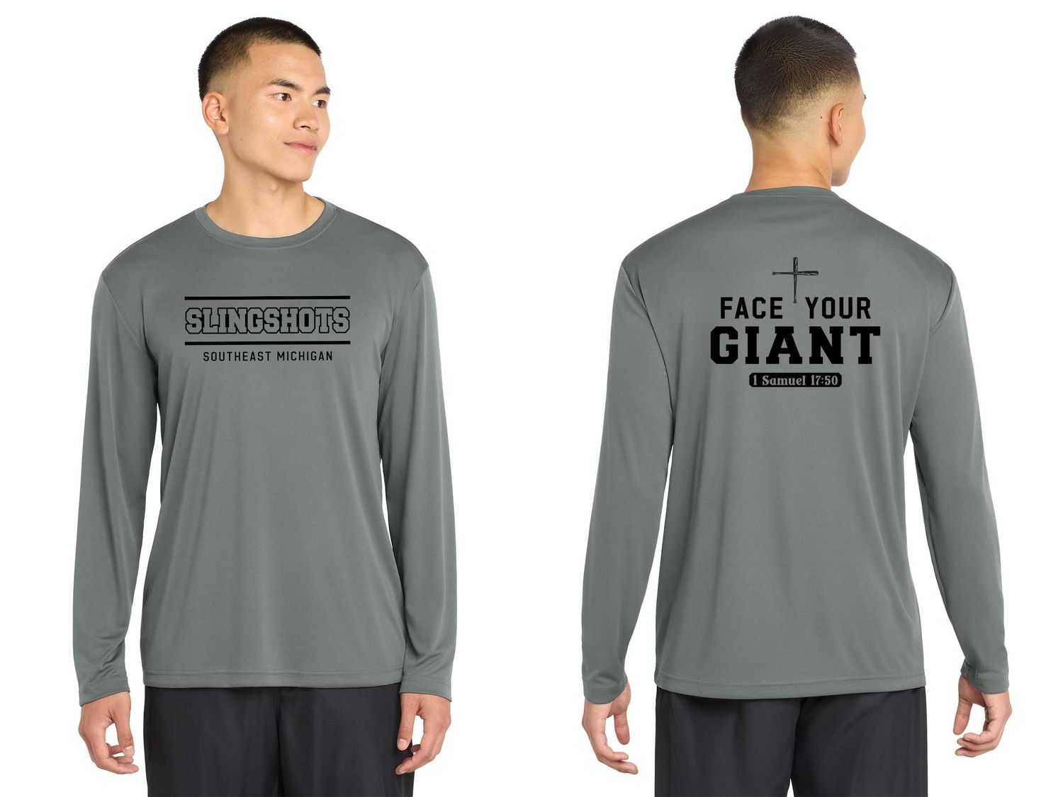 TEXT logo- Adult Long Sleeve Performance Tee- Black, White, Grey Concrete, Purple