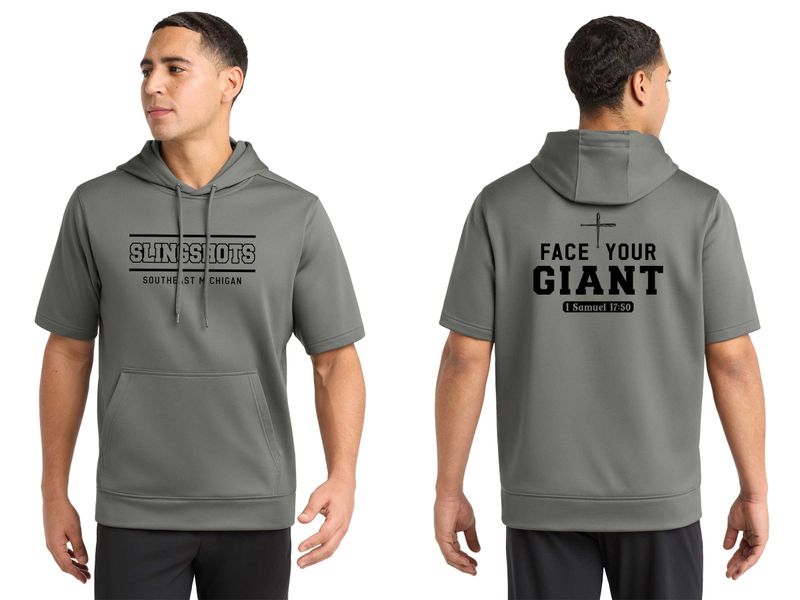 TEXT logo- Sport-Tek Sport-Wick Fleece Short Sleeve Hooded Pullover- Black, Grey, White