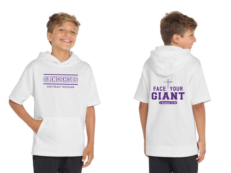 TEXT logo- Youth Sport-Tek Sport-Wick Fleece Short Sleeve Hooded Pullover- Black, Grey, White