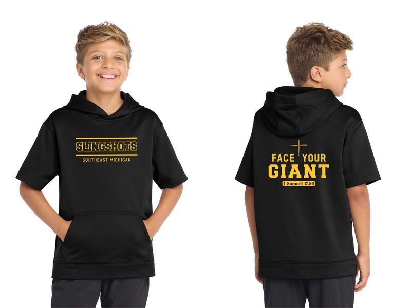TEXT logo- Youth Sport-Tek Sport-Wick Fleece Short Sleeve Hooded Pullover- Black, Grey, White