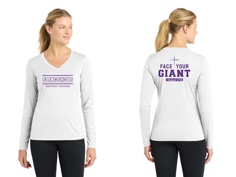 TEXT logo- Ladies Long Sleeve Performance Shirt -Black, White, Grey Concrete, Purple