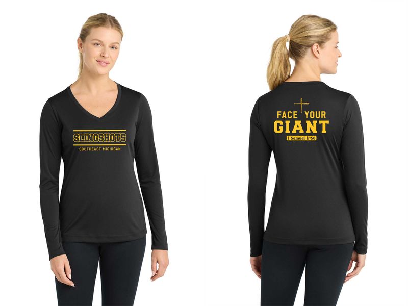 TEXT logo- Ladies Long Sleeve Performance Shirt -Black, White, Grey Concrete, Purple