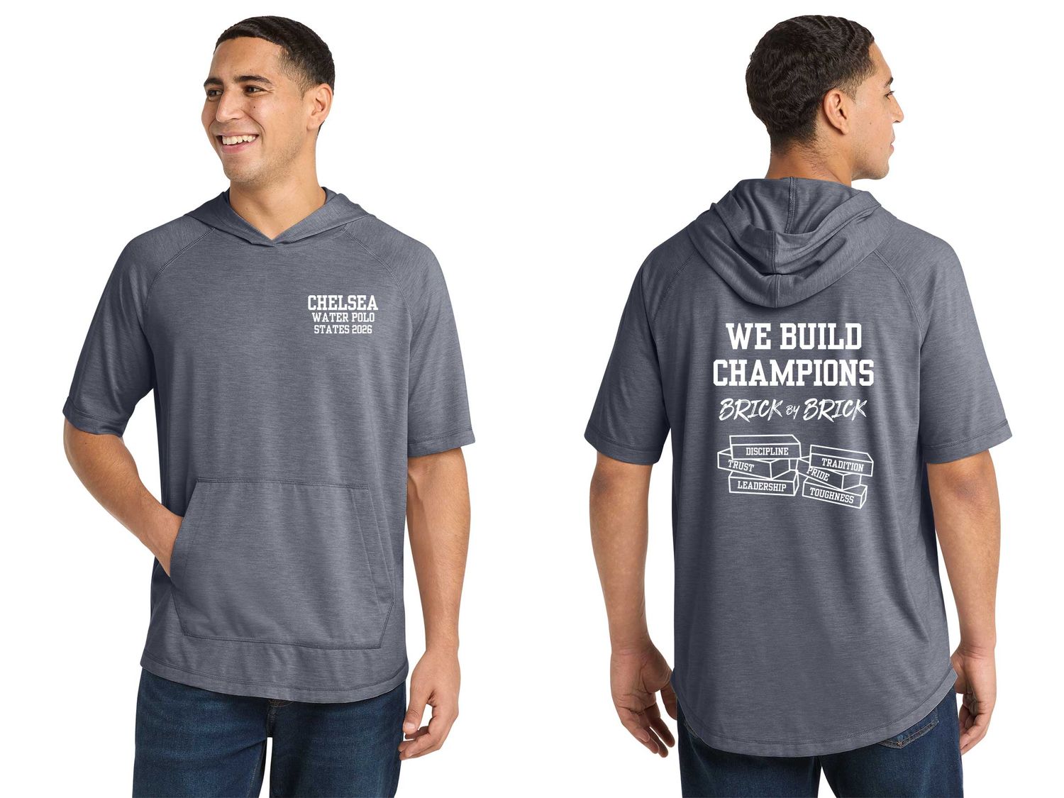 Sport-Tek PosiCharge Tri-Blend Wicking Short Sleeve Hoodie-Navy Heather Sport-Tek PosiCharge Tri-Blend Wicking Short Sleeve Hoodie-Navy Heather