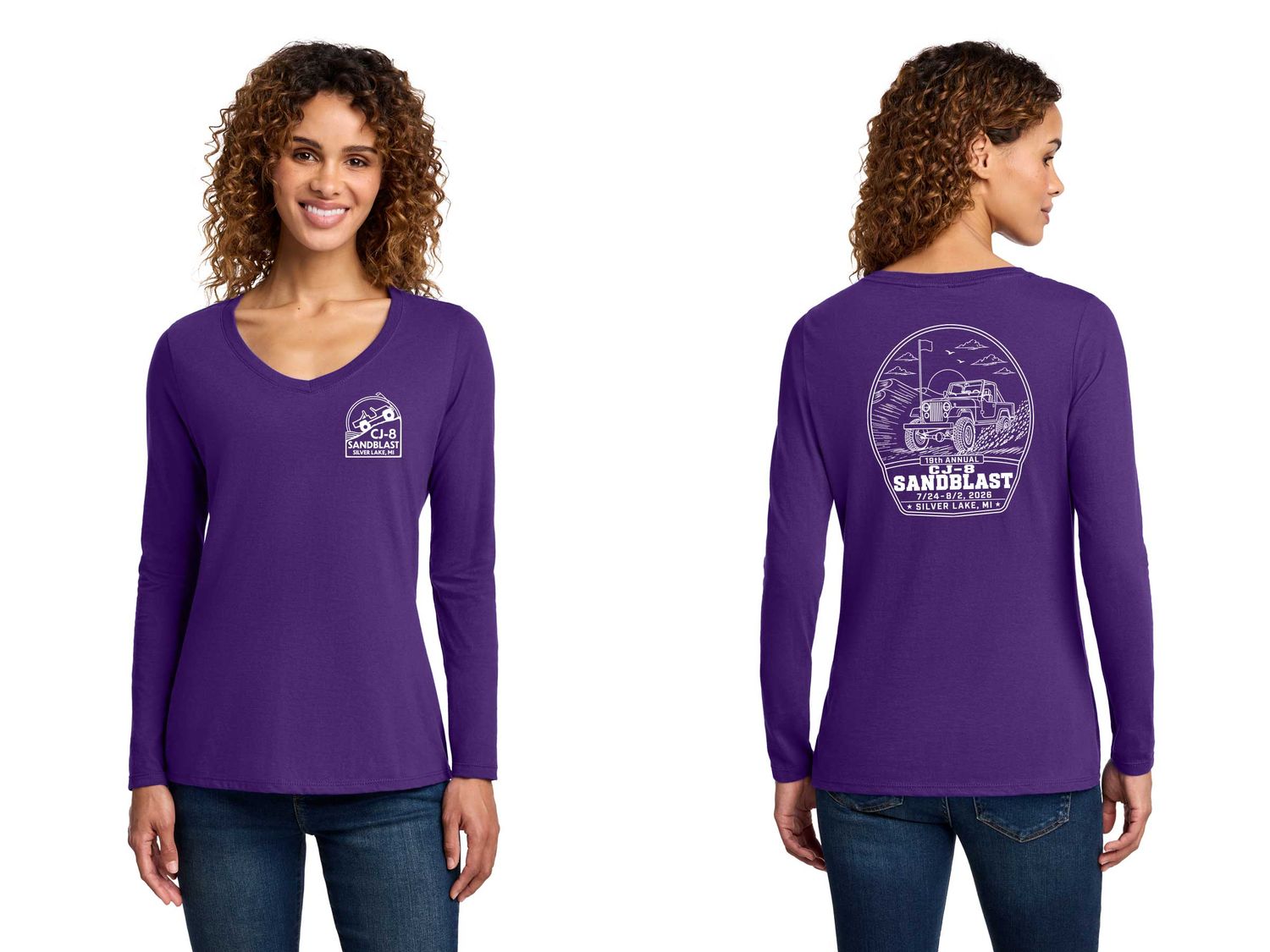 Ladies V-Neck Long Sleeve Cotton Tee- Team Purple