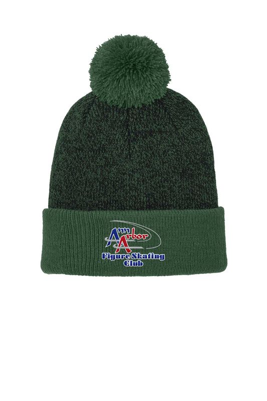 Sport-Tek Halftime Heather Pom Beanie- True Royal/Silver, Forest Green/Black, Black/Silver
