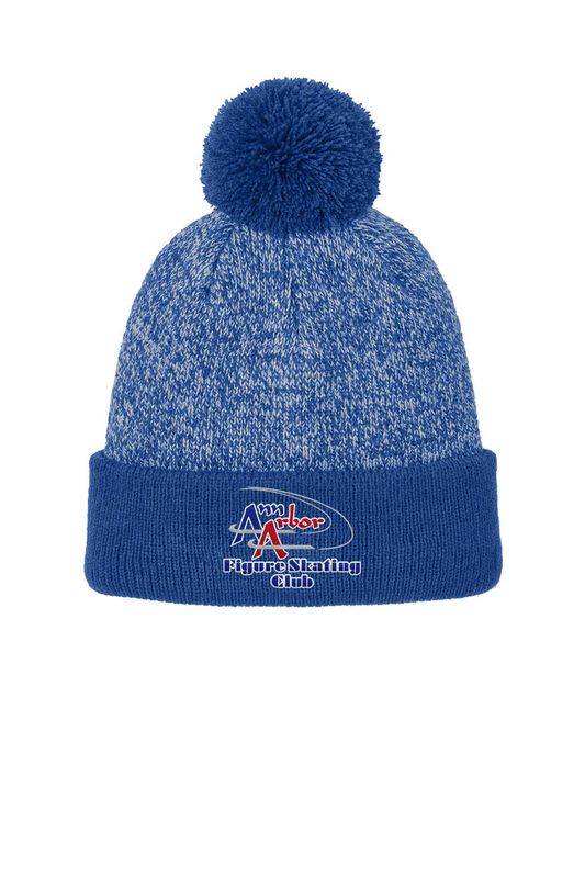 Sport-Tek Halftime Heather Pom Beanie- True Royal/Silver, Forest Green/Black, Black/Silver
