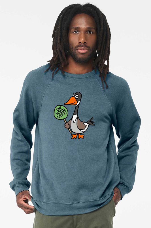 ON YOUR LEFT GOOSE logo: Unisex Bella and Canvas Sponge Fleece Crewneck Sweatshirt - Dark Gray Heather, Heather Deep Teal, Lavender Blue