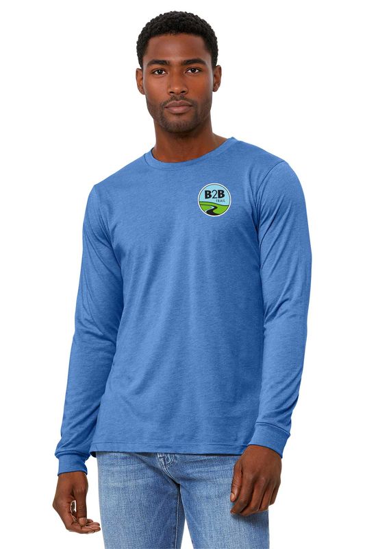 B2B TRAIL logo: BELLA+CANVAS Unisex Jersey Long Sleeve Tee: Heather Navy, Heather Columbia Blue, Heather Brown