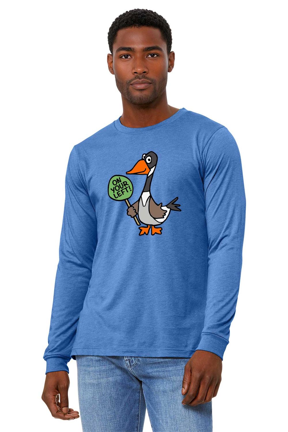 ON YOUR LEFT GOOSE logo: BELLA+CANVAS Unisex Jersey Long Sleeve Tee: Heather Columbia Blue, Heather Stone ON YOUR LEFT GOOSE logo: BELLA+CANVAS Unisex Jersey Long Sleeve Tee: Heather Columbia Blue, Heather Stone