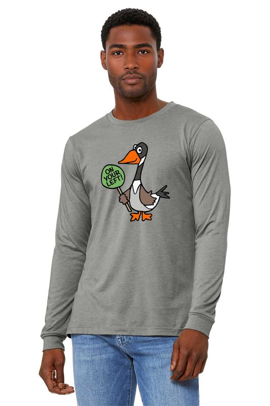 ON YOUR LEFT GOOSE logo: BELLA+CANVAS Unisex Jersey Long Sleeve Tee: Heather Columbia Blue, Heather Stone