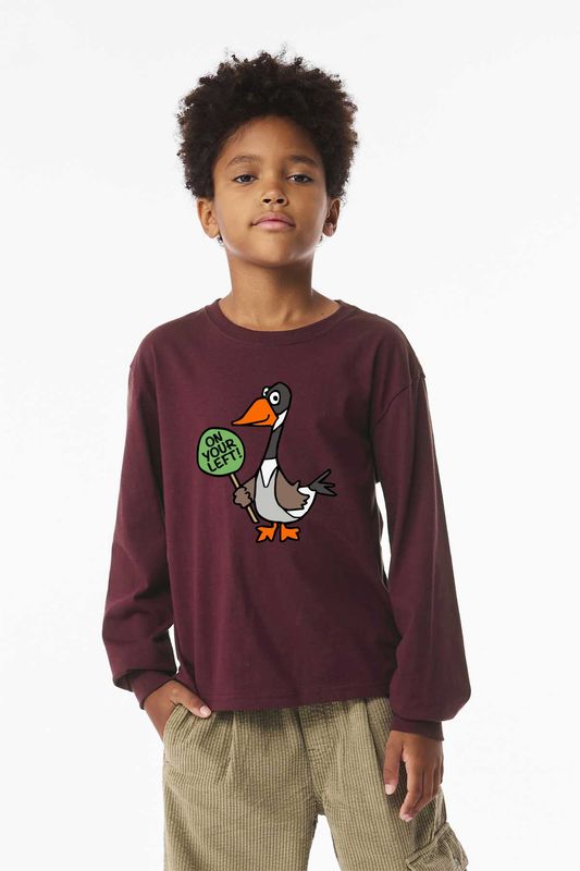 ON YOUR LEFT GOOSE logo: BELLA+CANVAS Youth Heavyweight Long Sleeve Tee - Toast, Maroon