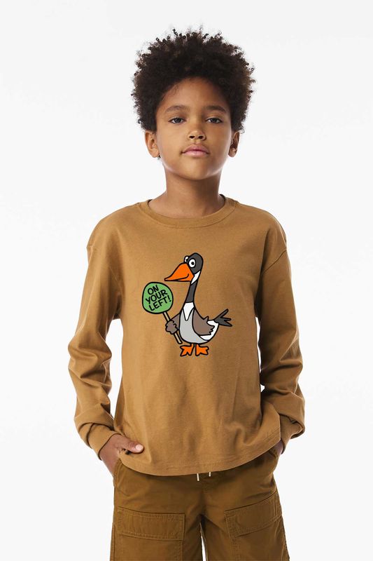ON YOUR LEFT GOOSE logo: BELLA+CANVAS Youth Heavyweight Long Sleeve Tee - Toast, Maroon ON YOUR LEFT GOOSE logo: BELLA+CANVAS Youth Heavyweight Long Sleeve Tee - Toast, Maroon