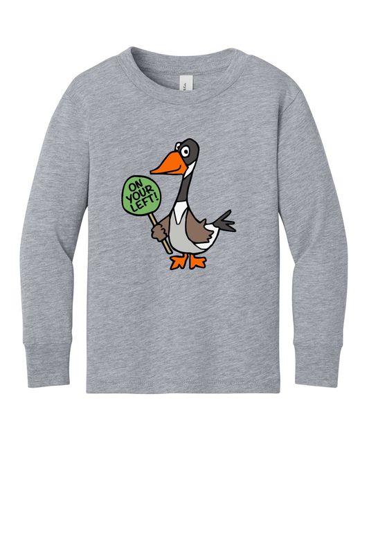 ON YOUR LEFT GOOSE logo: BELLA+CANVAS® Toddler Jersey Long Sleeve Tee- Pink, Athletic Heather