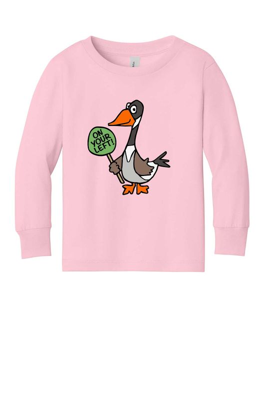 ON YOUR LEFT GOOSE logo: BELLA+CANVAS® Toddler Jersey Long Sleeve Tee- Pink, Athletic Heather ON YOUR LEFT GOOSE logo: BELLA+CANVAS® Toddler Jersey Long Sleeve Tee- Pink, Athletic Heather
