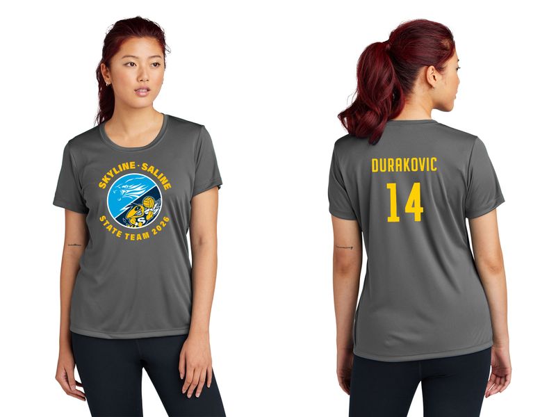Ladies Short Sleeve Performance Tee- Navy, Grey
