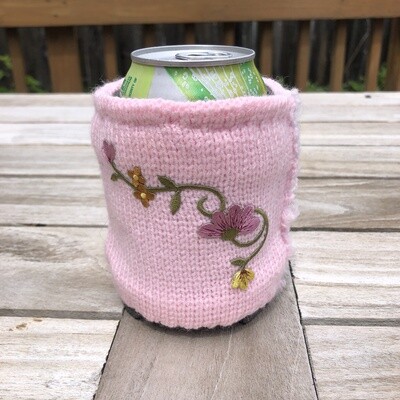 Pink Koozie with Flower Patch - Can or Pint Coozie Holder