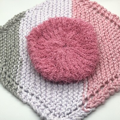 Washcloth & Cotton Scrubbie Set -Pink, White, Gray Washcloth & Cotton Scrubbie Set -Pink, White, Gray