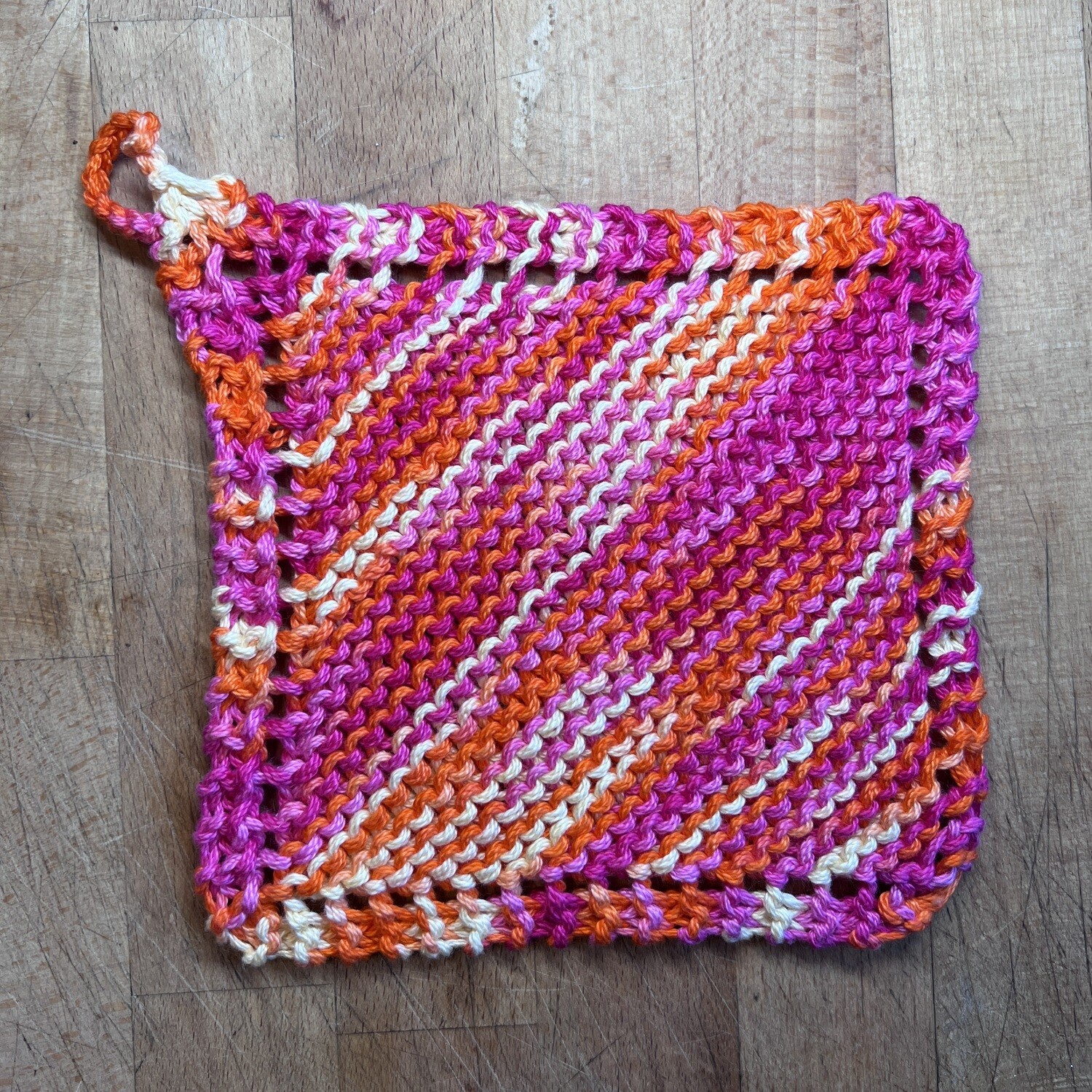 100% Mercerized Cotton Hand Knit Washcloth - Pink Yellow Orange