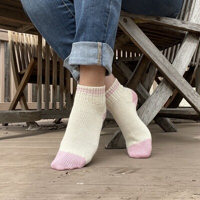Short Cuff Summer Socks Women's 8-9 / Men's 7 / Youth 7Y - Cream with Pink Stripes, Heels & Toes