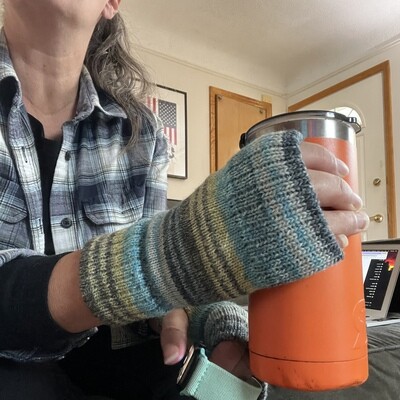 Fingerless Mitts - Edenderry Green Teal Gray Stripes - one size