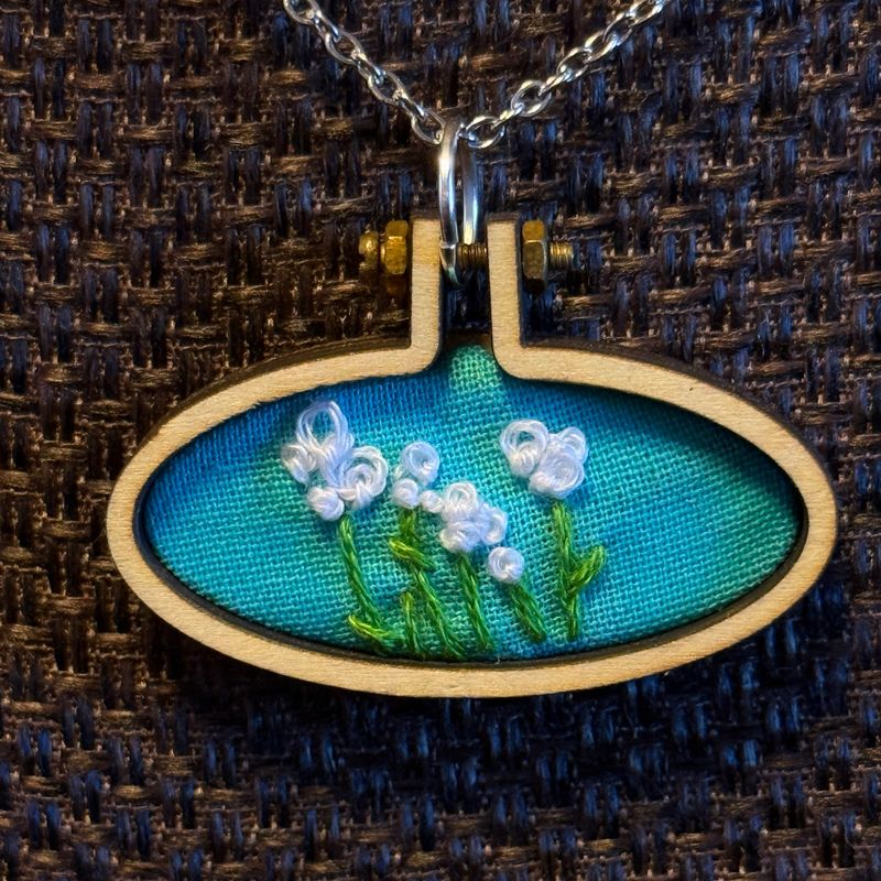 White Spring Flowers On Teal - Mini Embroidered Pendant