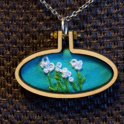 White Spring Flowers On Teal - Mini Embroidered Pendant